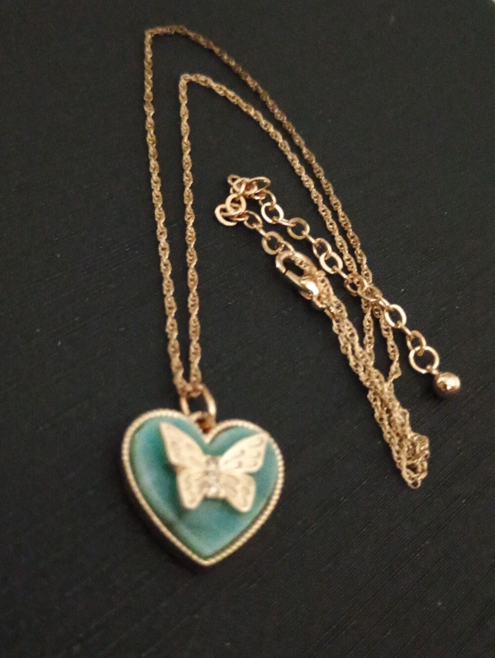 Gold-Tone Heart Necklace with Teal Enamel and Butterfly Accent